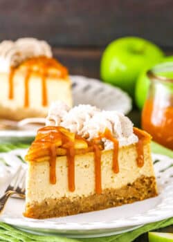 side image of slice of caramel apple blondie cheesecake